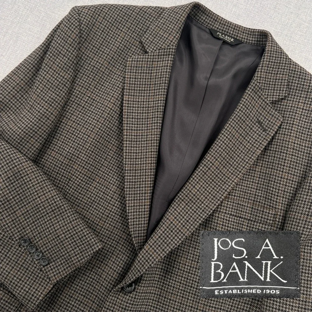 VTG 90s Jos A Bank Houndstooth Wool Blazer Sport Coat Men 48R Brown Ivy Academia